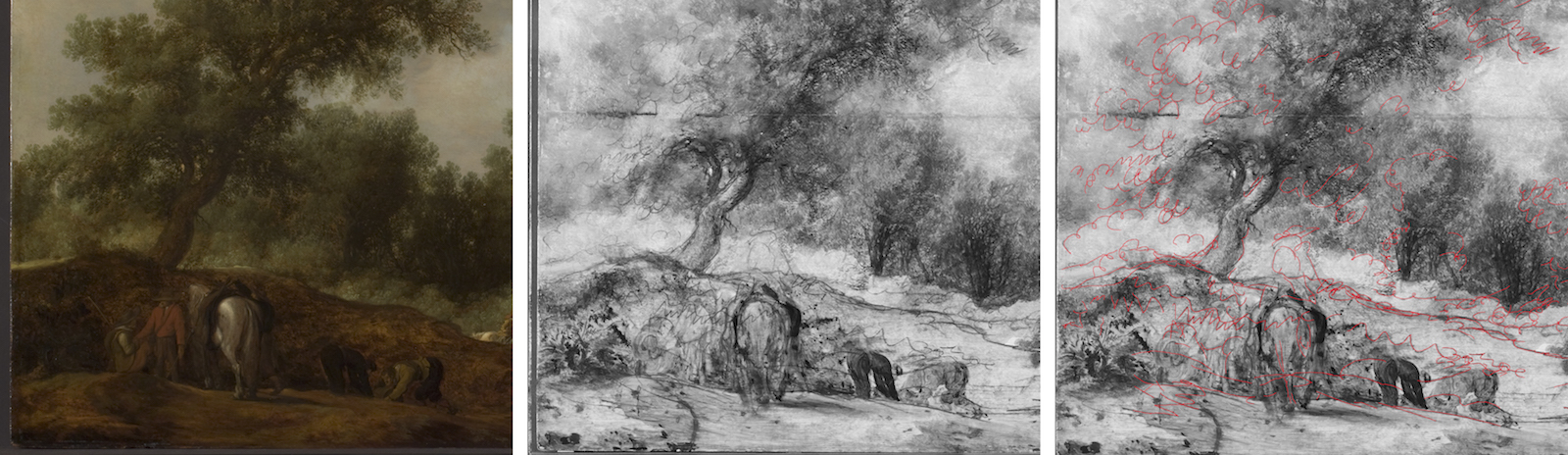 Left to right: detail of painting in normal light; detail from IRR showing underdrawing; detail from IRR showing underdrawing marked in red