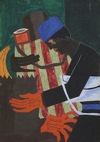 Jacob Lawrence, Woman with Groceries, 1942, Los Angeles County Museum of Art, purchased with funds provided by The Julius Bernard Kester Trust with additional support from American Art Council, Robert Halff Endowment Fund, Modern Art Acquisition Fund, Modern and Contemporary Art Council, American Art Acquisition Fund, and American Art Deaccession Fund, © The Jacob and Gwendolyn Knight Lawrence Foundation, Seattle/Artists Rights Society (ARS), New York Painting of a figure with groceries